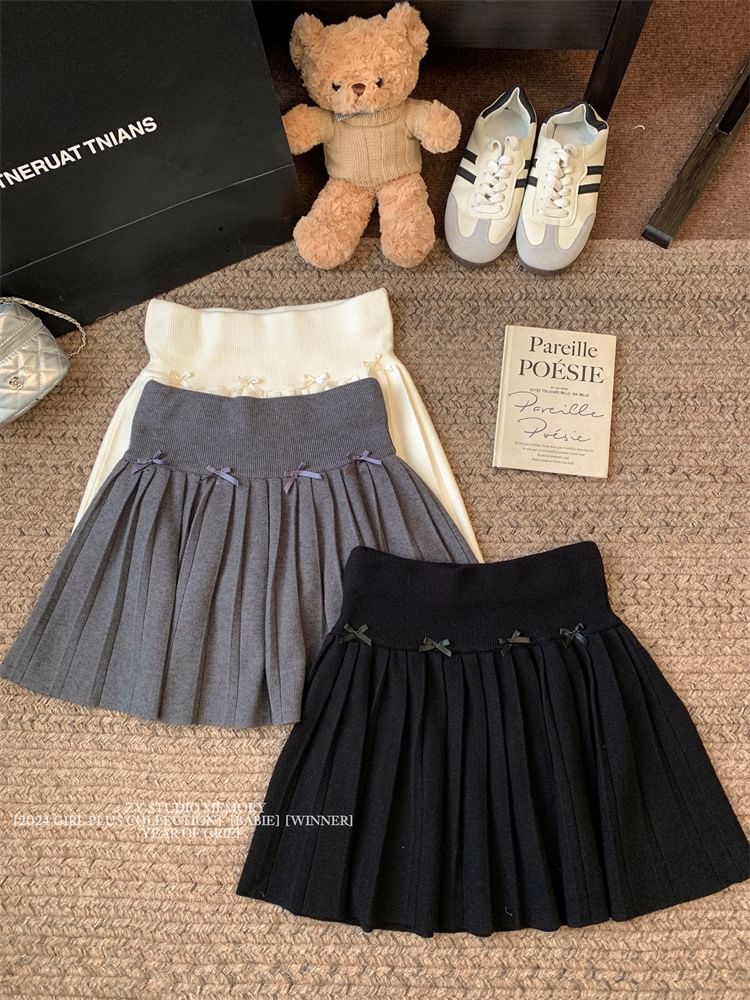 High Rise Plain Bow Accent Pleated Knit Mini A-Line Skirt