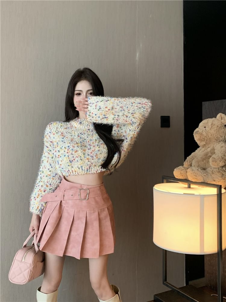 / High Dotted Rise Pleated Washed Sweater Mock Cropped Neck Mini Skirt A-Line