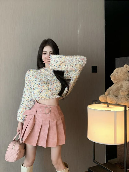 / High Dotted Rise Pleated Washed Sweater Mock Cropped Neck Mini Skirt A-Line