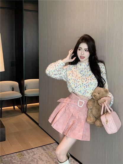 / High Dotted Rise Pleated Washed Sweater Mock Cropped Neck Mini Skirt A-Line