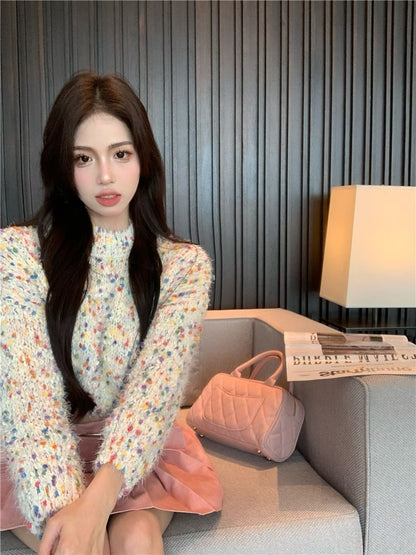 / High Dotted Rise Pleated Washed Sweater Mock Cropped Neck Mini Skirt A-Line