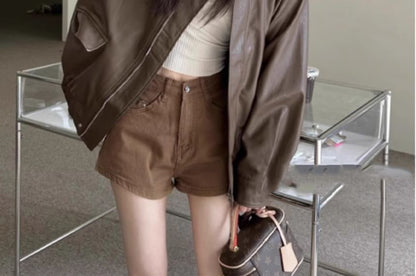 Lapel Collar Plain Faux Leather Oversized Jacket