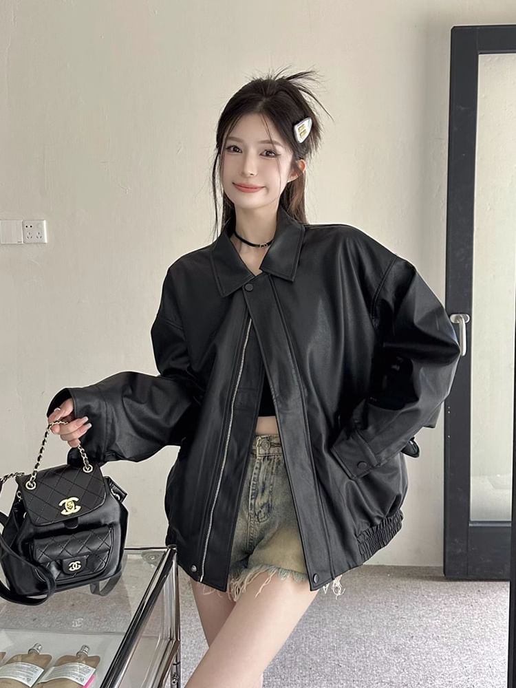 Lapel Collar Plain Faux Leather Oversized Jacket