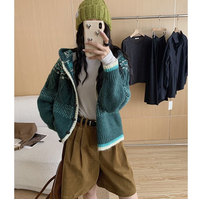 Cardigan à capuche en jacquard avec bordure contrastante