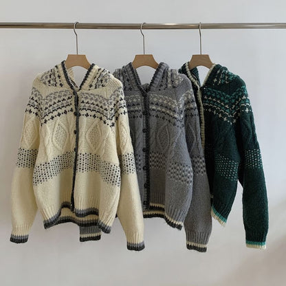 Cardigan à capuche en jacquard avec bordure contrastante