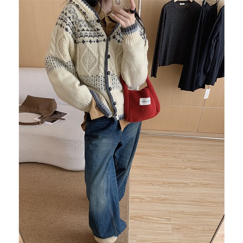 Cardigan à capuche en jacquard avec bordure contrastante