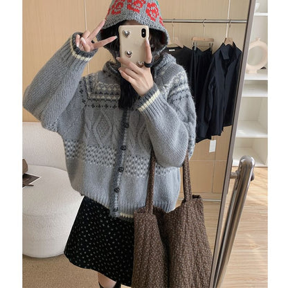 Cardigan à capuche en jacquard avec bordure contrastante