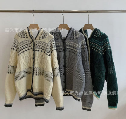 Cardigan à capuche en jacquard avec bordure contrastante