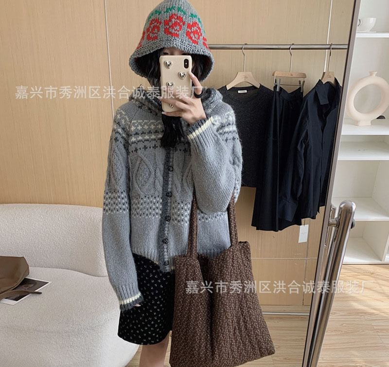 Cardigan à capuche en jacquard avec bordure contrastante