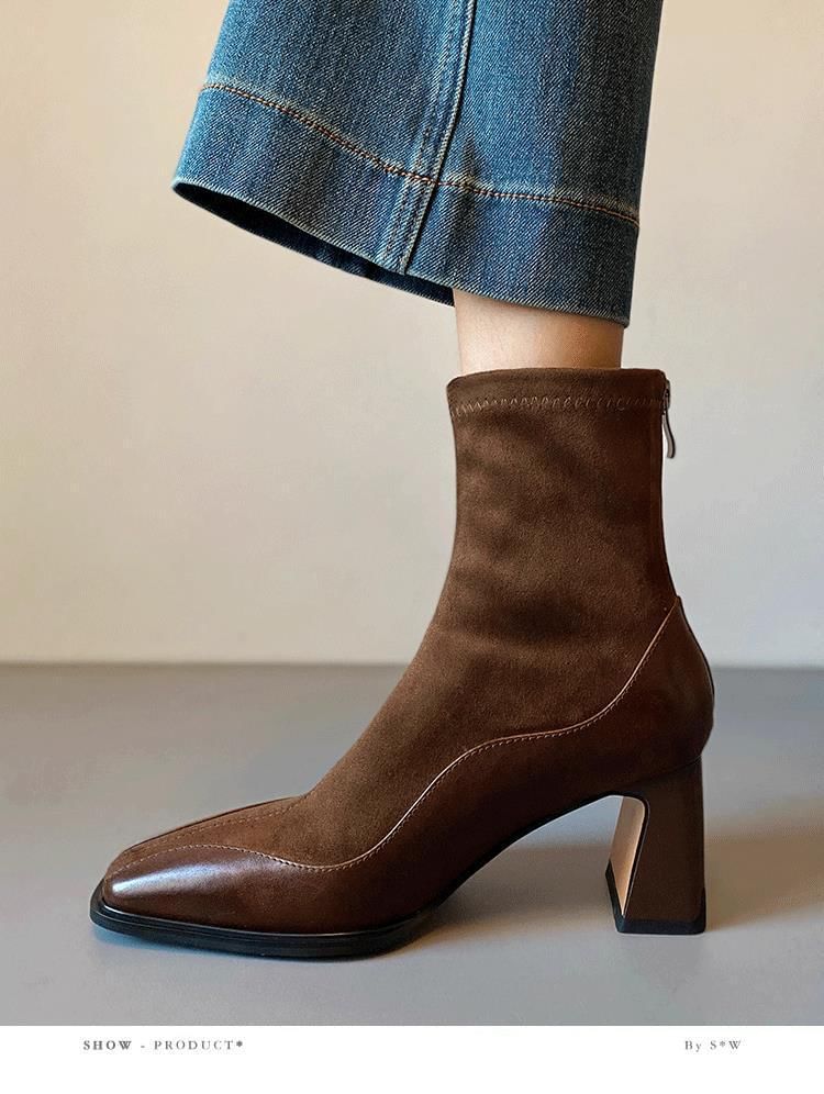 Heel Boots Faux Leather Block Short