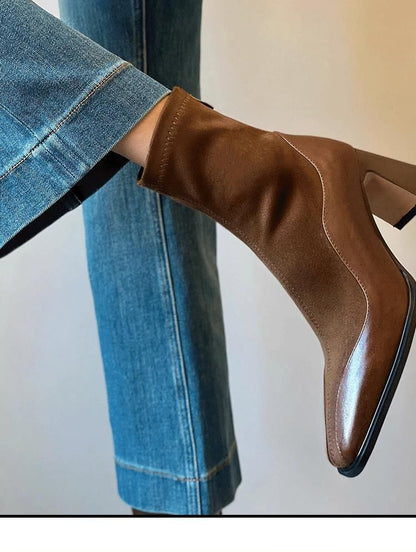 Heel Boots Faux Leather Block Short