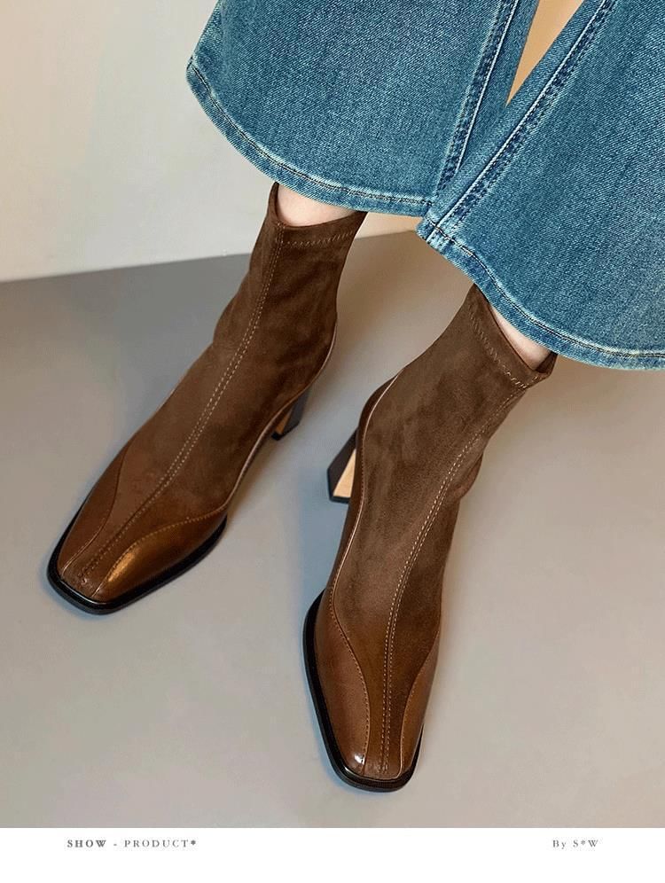 Heel Boots Faux Leather Block Short