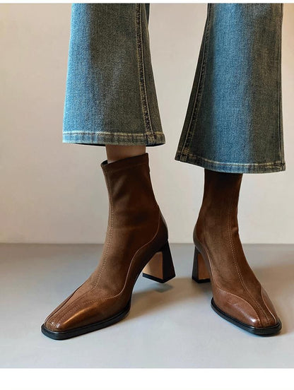 Heel Boots Faux Leather Block Short