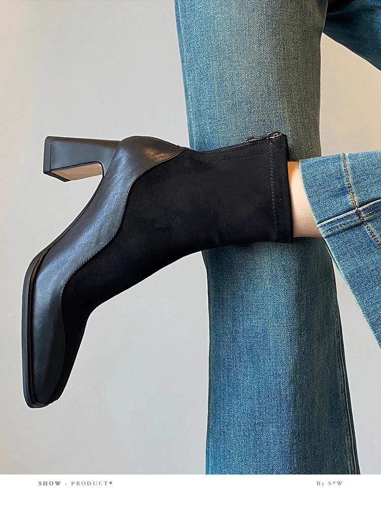 Heel Boots Faux Leather Block Short