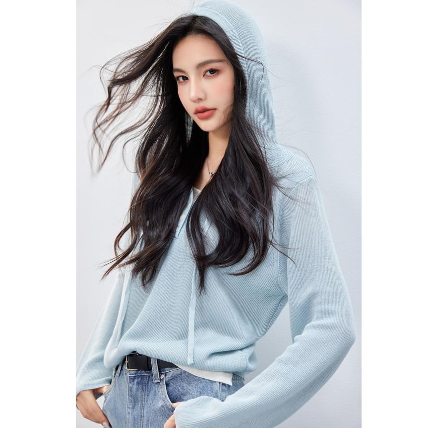Knit Two Tone Mock V-Neck Hoodie Two-Piece