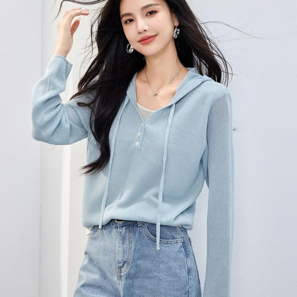 Knit Two Tone Mock V-Neck Hoodie Two-Piece