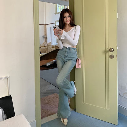 High Flared Rise Washed Jeans