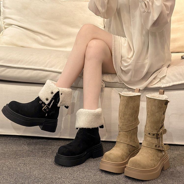 Boots Mid Calf Fur Faux Buckled