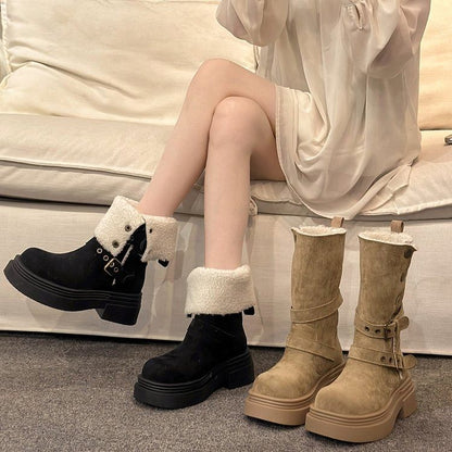 Boots Mid Calf Fur Faux Buckled