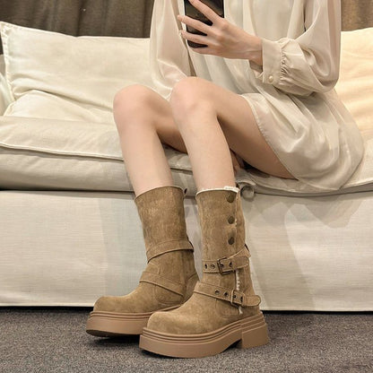 Boots Mid Calf Fur Faux Buckled