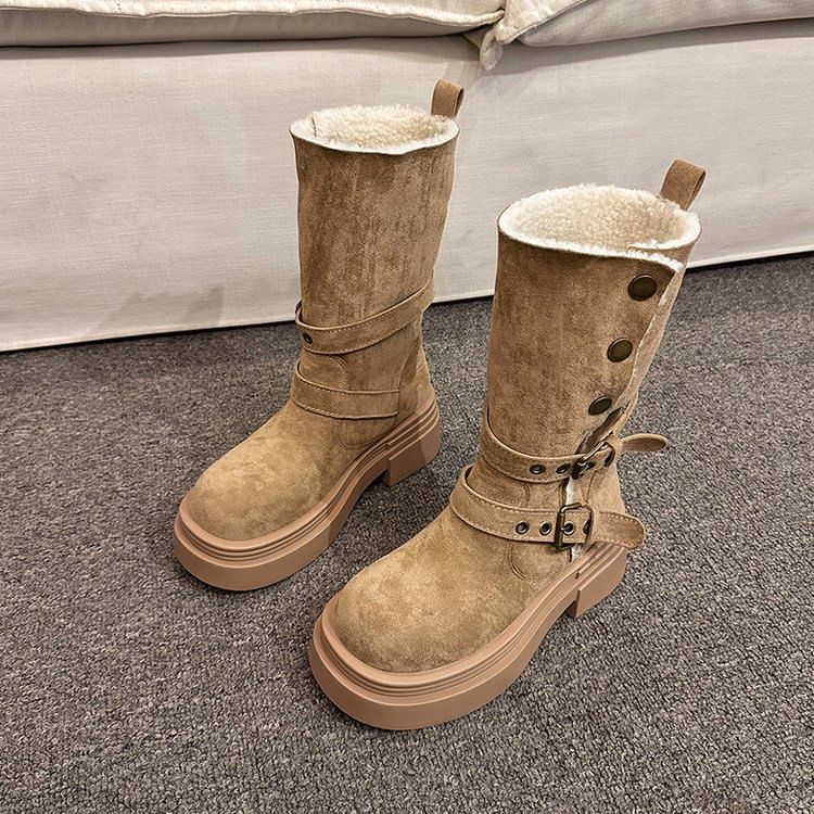 Boots Mid Calf Fur Faux Buckled