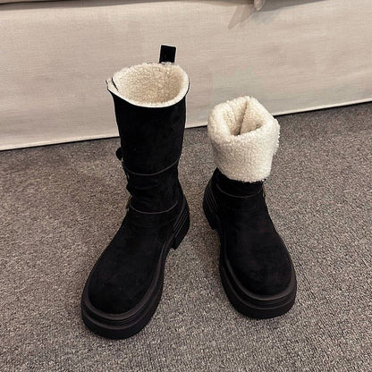 Boots Mid Calf Fur Faux Buckled