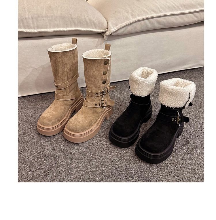 Boots Mid Calf Fur Faux Buckled