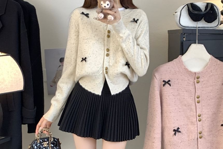 Crew Neck Bow Melange Cardigan