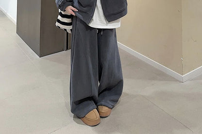 Plain Fleece-Lined Zip Hoodie / Drawstring Waist Wide Leg Sweatpants