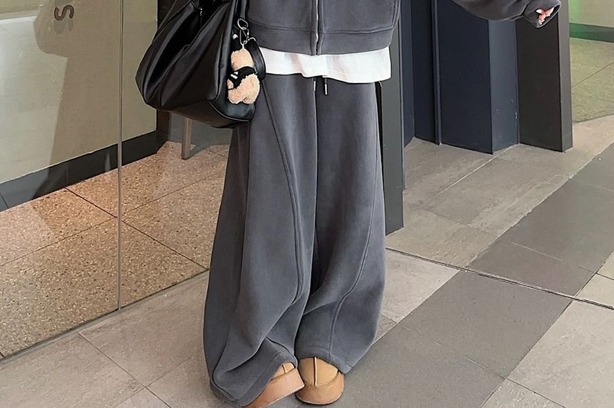 Plain Fleece-Lined Zip Hoodie / Drawstring Waist Wide Leg Sweatpants