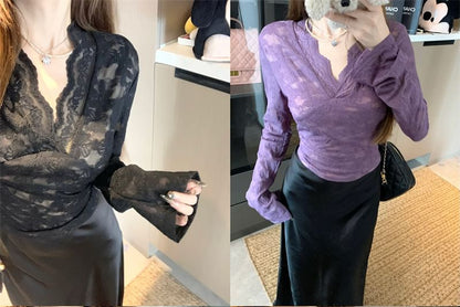 Long Sleeve V-Neck Plain Panel Lace Top