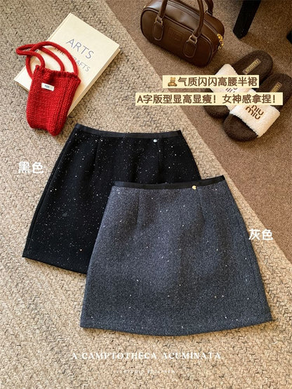 High Rise Plain Glitter Mini A-Line Skirt