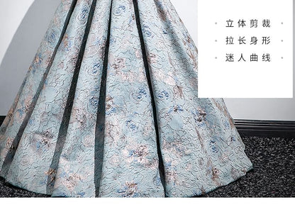 Puff Sleeve Square Neck Pleated Jacquard A-Line Evening Gown