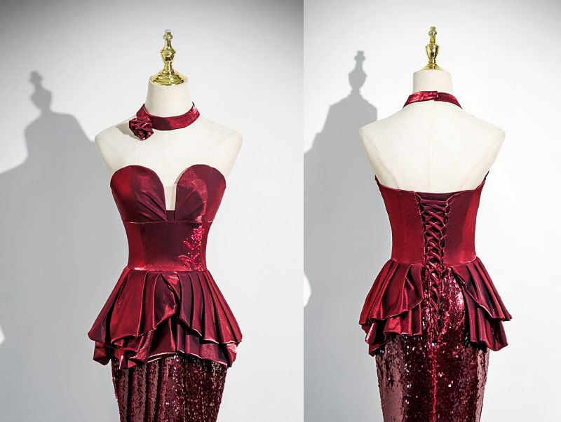 Sequin Peplum Panel Trumpet Tube Evening Gown