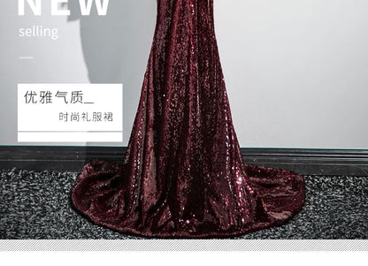 Sequin Peplum Panel Trumpet Tube Evening Gown