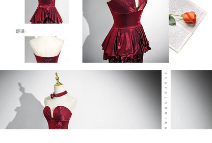 Sequin Peplum Panel Trumpet Tube Evening Gown