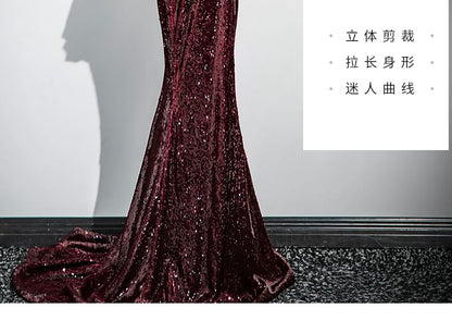 Sequin Peplum Panel Trumpet Tube Evening Gown