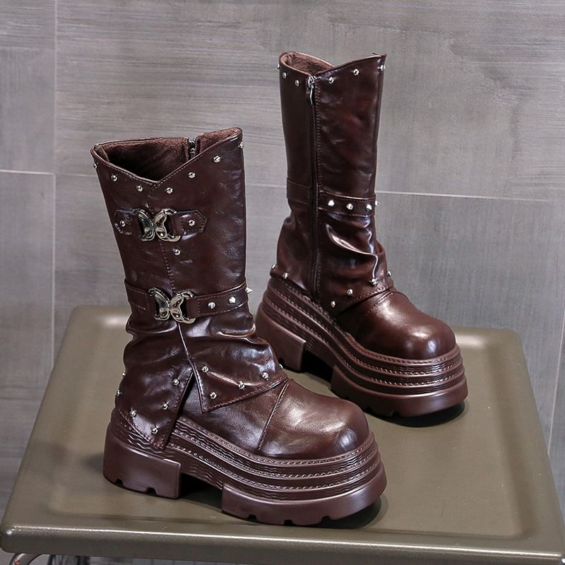 Boots Mid Platform Buckle Calf