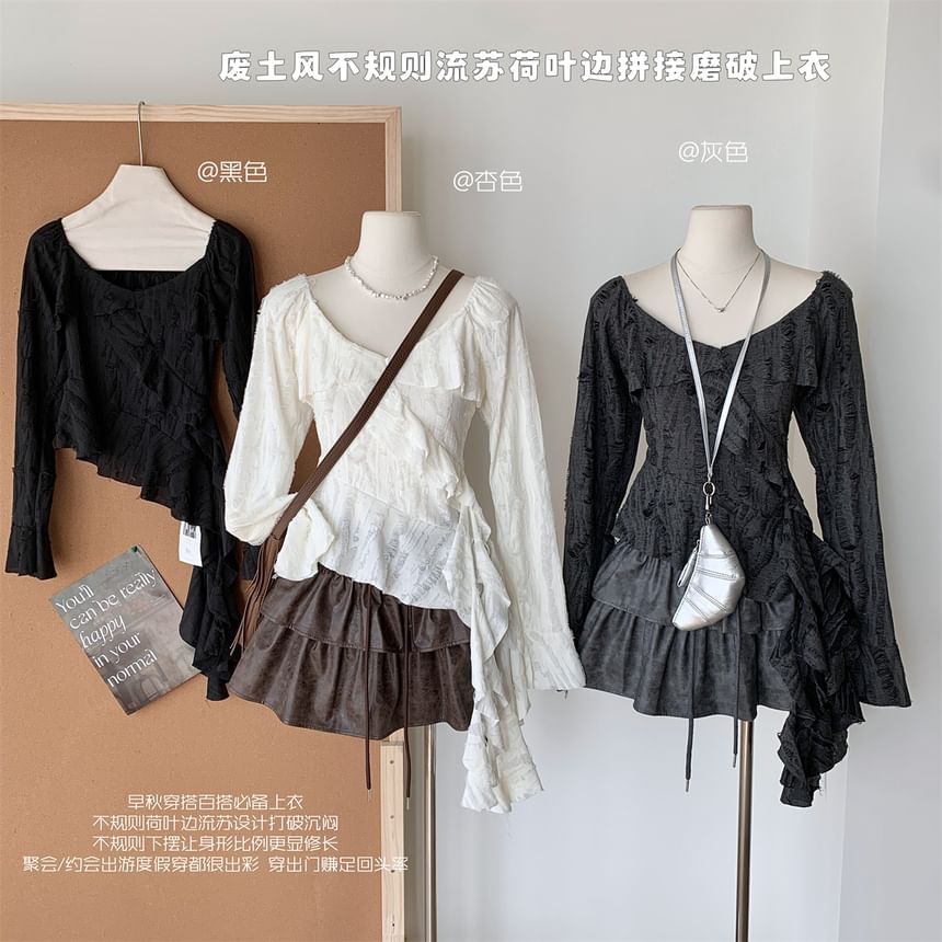 Neck Ruffle Top Trim Plain Long-Sleeve Scoop Asymmetrical