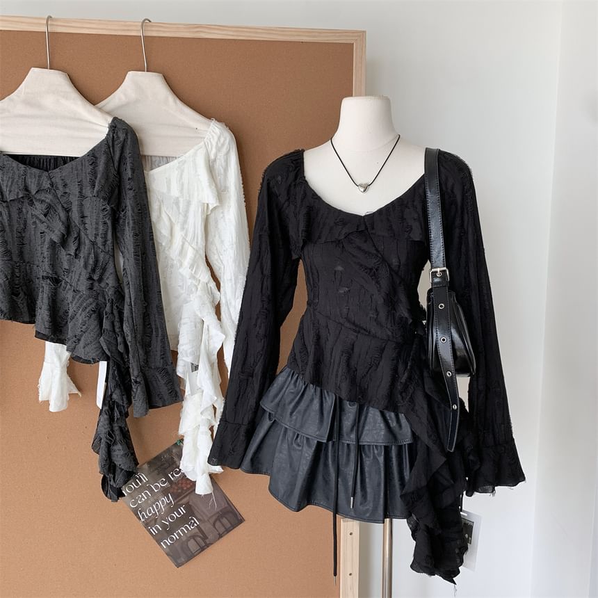 Neck Ruffle Top Trim Plain Long-Sleeve Scoop Asymmetrical