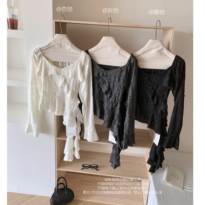 Neck Ruffle Top Trim Plain Long-Sleeve Scoop Asymmetrical