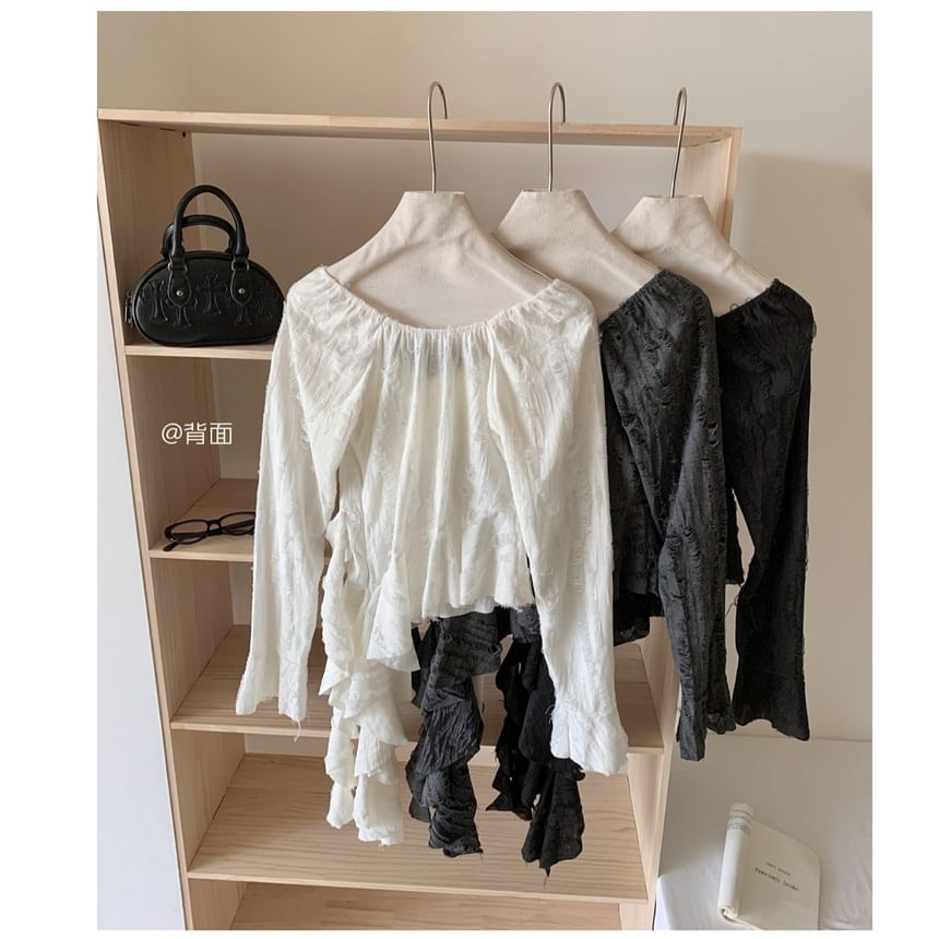 Neck Ruffle Top Trim Plain Long-Sleeve Scoop Asymmetrical