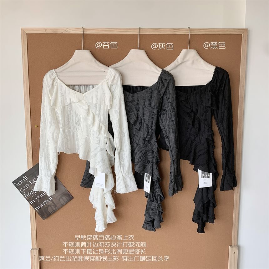 Neck Ruffle Top Trim Plain Long-Sleeve Scoop Asymmetrical
