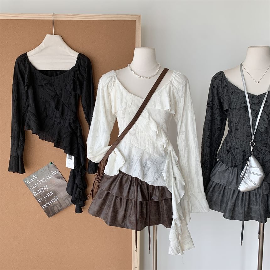 Neck Ruffle Top Trim Plain Long-Sleeve Scoop Asymmetrical