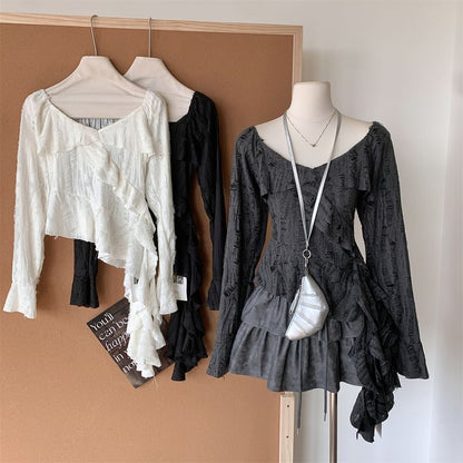 Neck Ruffle Top Trim Plain Long-Sleeve Scoop Asymmetrical