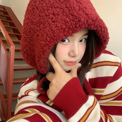 Fleece Hat Knit Beanie Plain Cable Tie-Up /