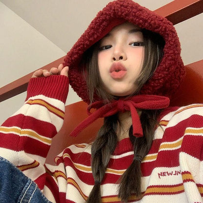 Fleece Hat Knit Beanie Plain Cable Tie-Up /