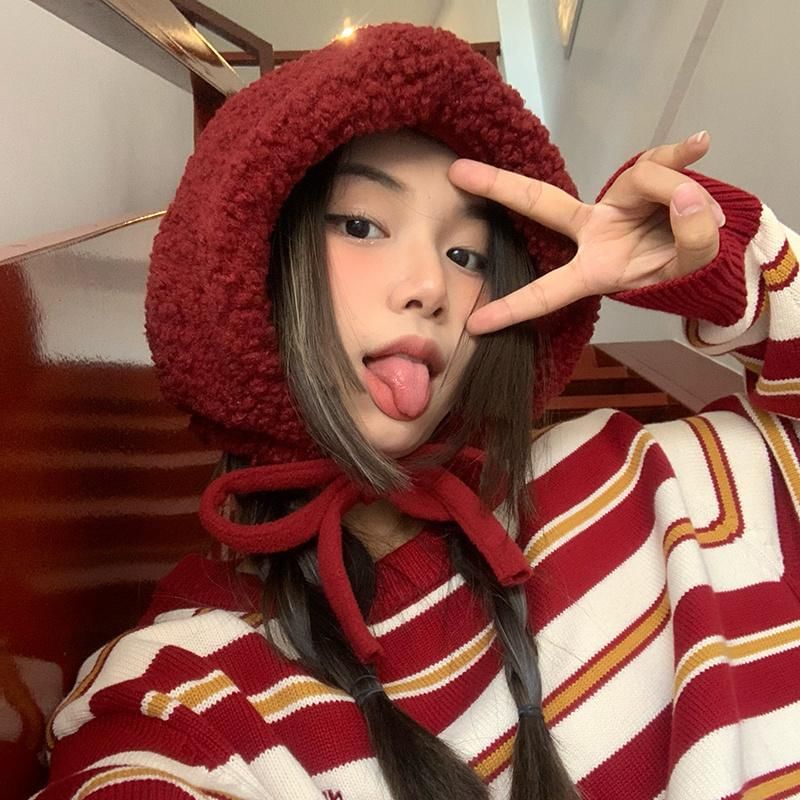 Fleece Hat Knit Beanie Plain Cable Tie-Up /