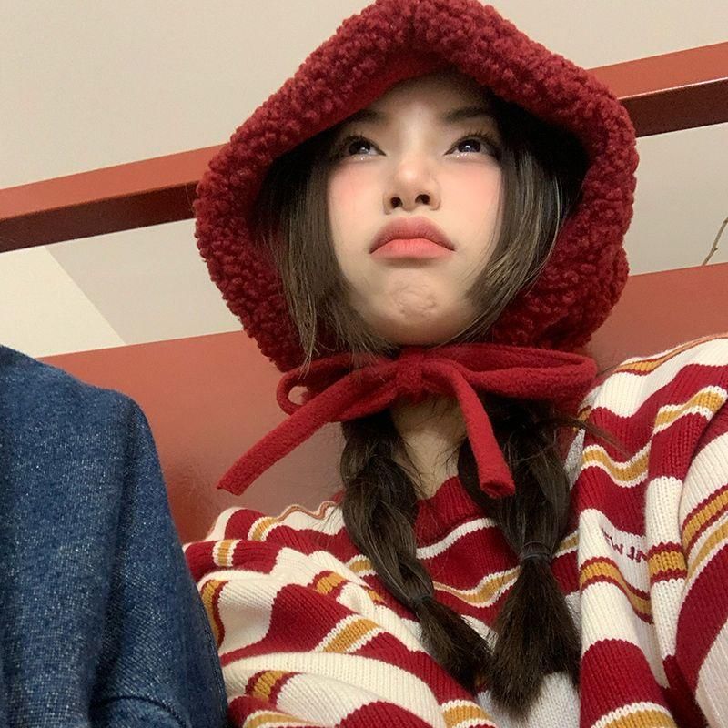 Fleece Hat Knit Beanie Plain Cable Tie-Up /