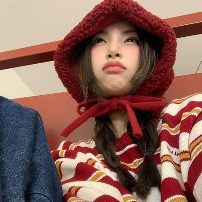 Fleece Hat Knit Beanie Plain Cable Tie-Up /